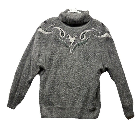reddiffusion Sweaters - Vintage Silk Angora Wool Blend Gray Paisley Beaded Turtleneck Sweater Sz Small